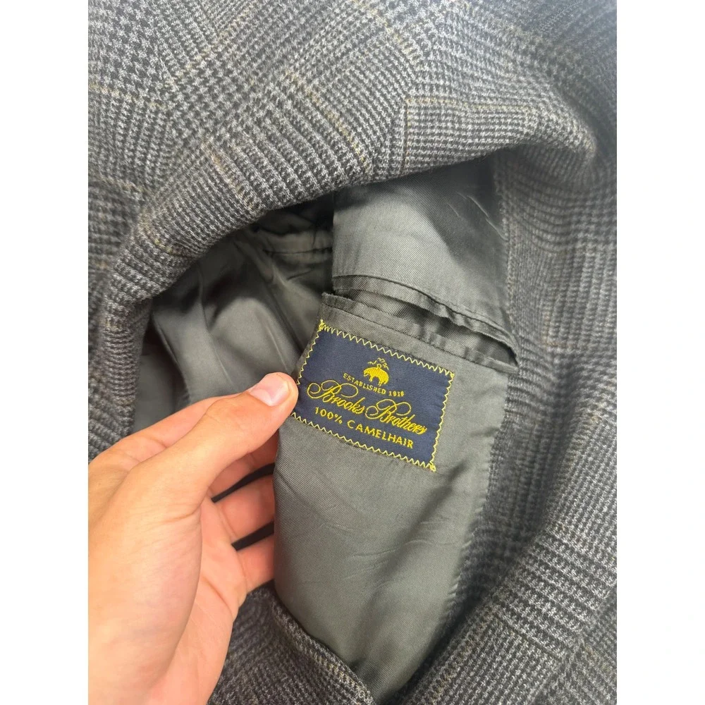 Brooks Brothers Grey Glen Plaid 100% Camel‎ Hair Sport Coat Blazer Mens 42R USA
